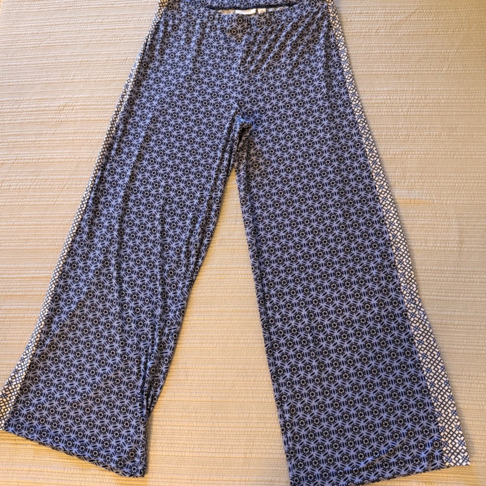 Chicos Women's Wide Leg Pants Blue Geometric Medallion Print Side Stripe Size 2